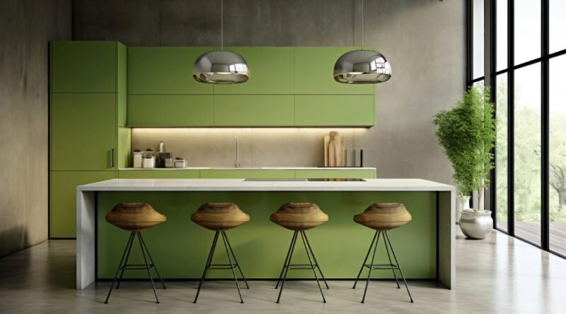 Cozinha com toneladas coloridas e armários verdes